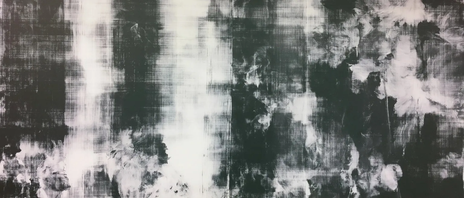 Vertical black strokes dragged through white, a paler channel breaking through the centre.