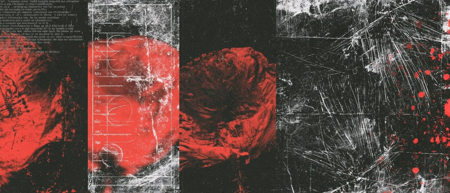Red panels and printed plans set into scratched black, red flecks at the right.