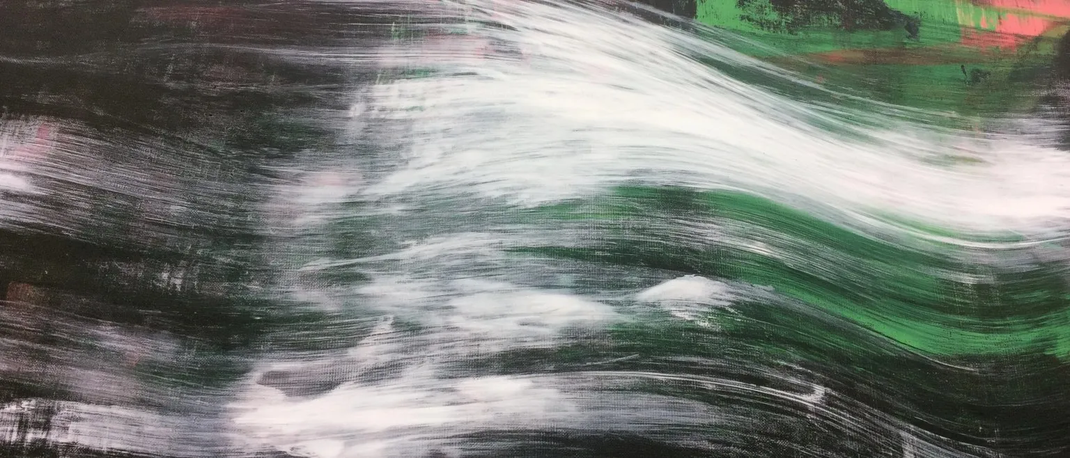 A white wave curling across a dark green field, red flecking in at the upper left.