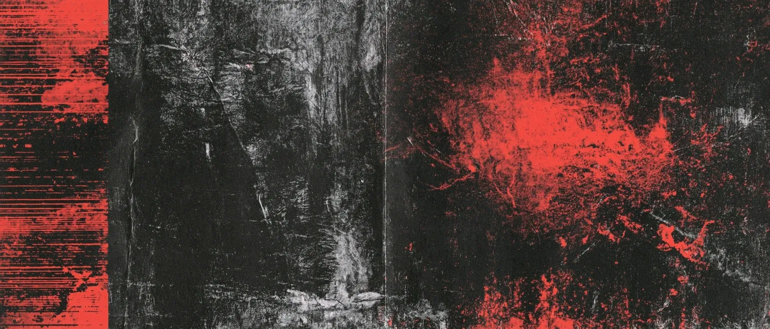 A red bloom at the right, vertical red bars at the left, over dark scraping.