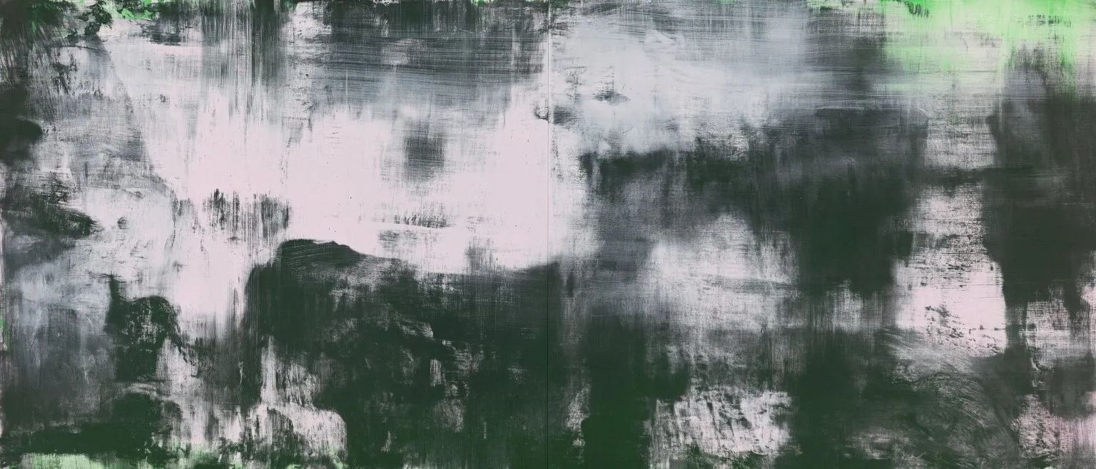 Pale grey brushwork over black, a single green fleck at the top edge.