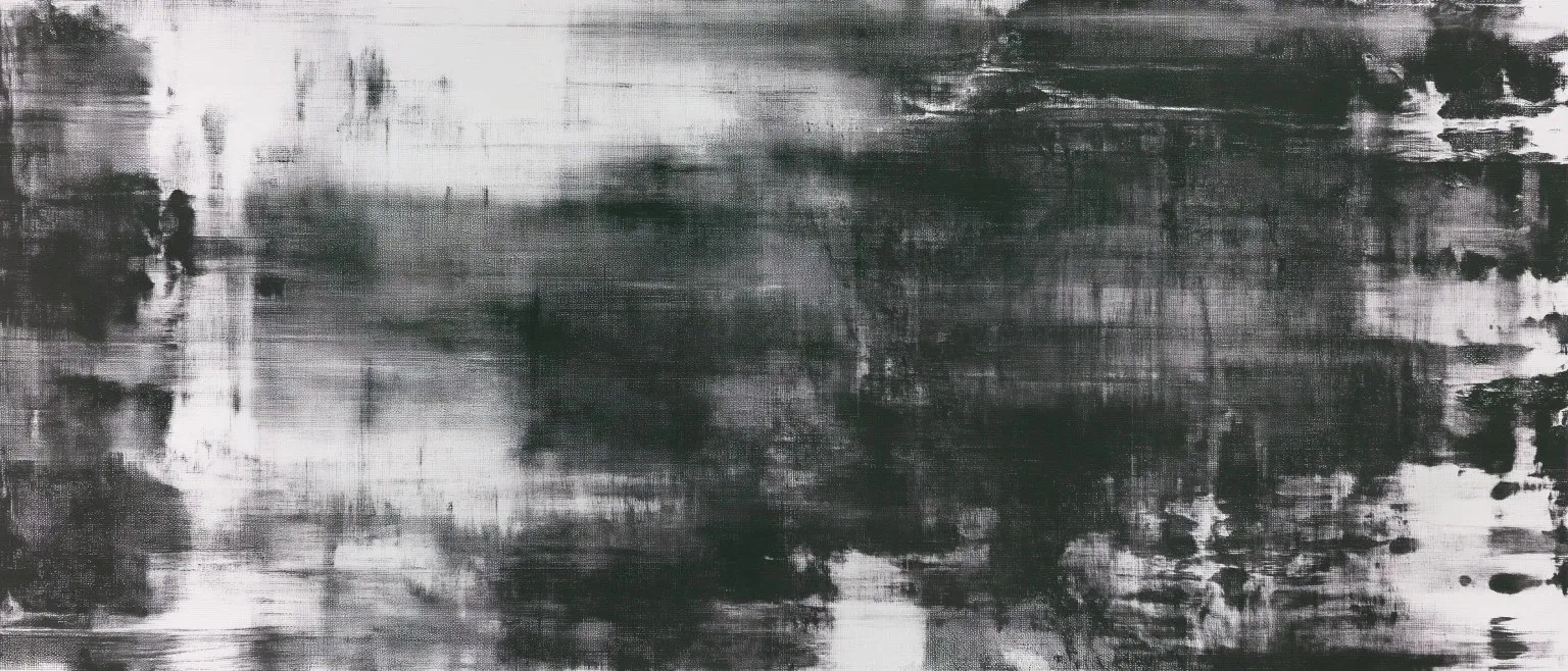 Broad horizontal strokes in black and grey, a pale gap opening left of centre.