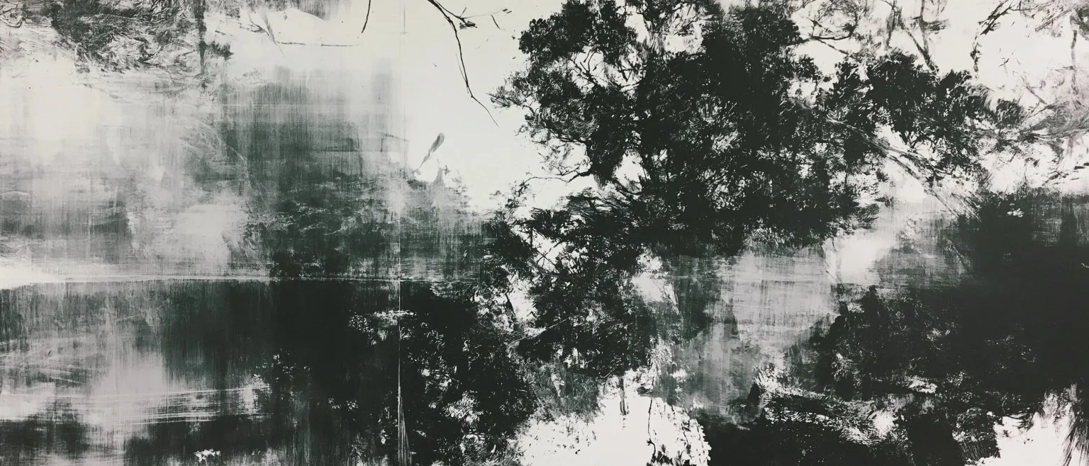 A dark tree in ink, branches spreading across a pale scored sky, its reflection doubling below.