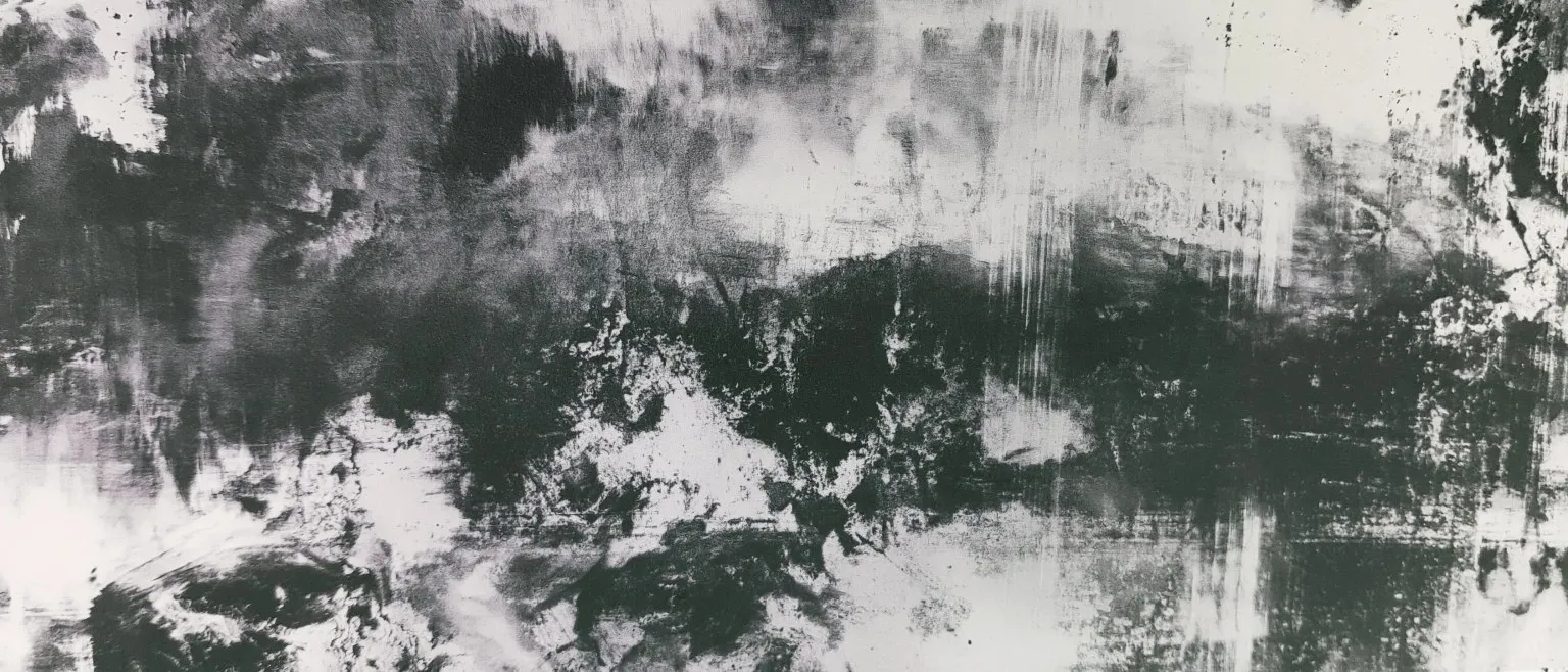 Fine grey brushwork breaking into white near the centre, a dark mass gathering below.