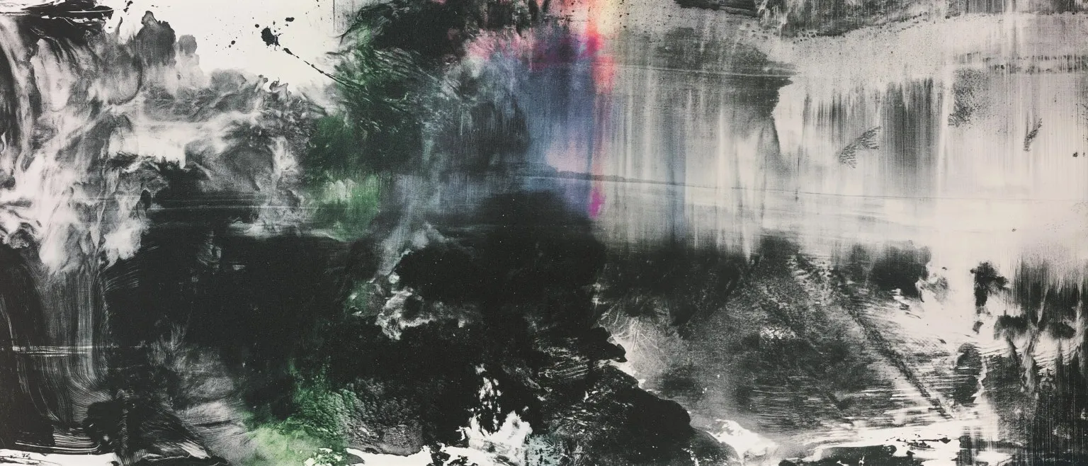 Black ink pooling into green and magenta at the centre, pale scored strokes fanning to the right.