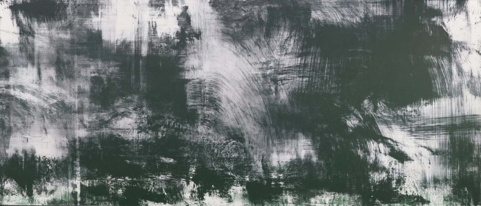 A pale arc curling through dark green brushwork, cross-hatched strokes on either side.