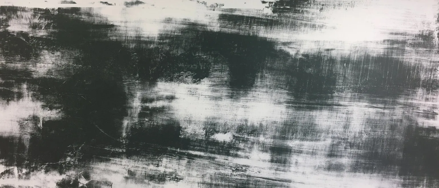 Dense dark strokes at the left thinning to a bright gap at the upper right, fine horizontal scoring throughout.