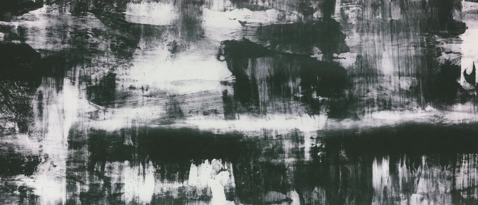A dense black mass at the upper centre over pale ground, dark strokes gathering below and at both edges.