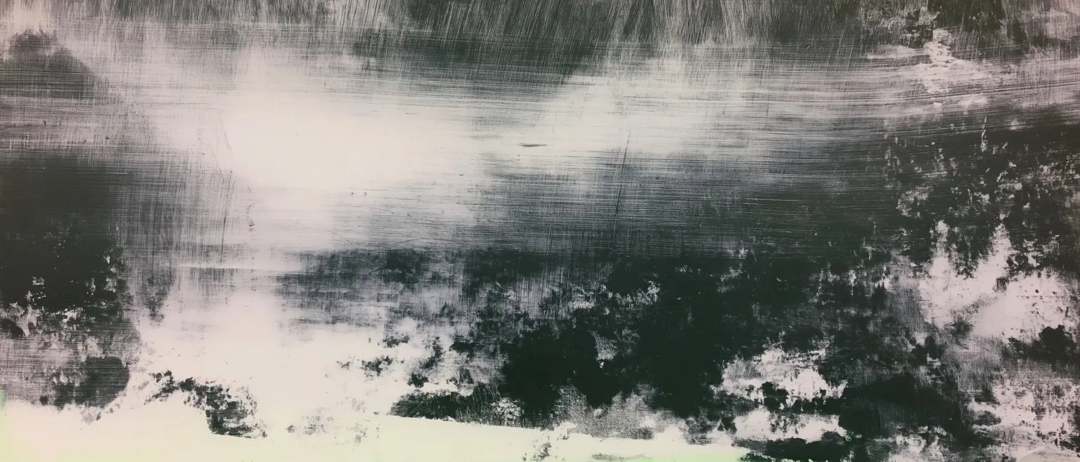 Fine grey brushwork thinning to white in a vertical channel left of centre, a dark mass spreading right.