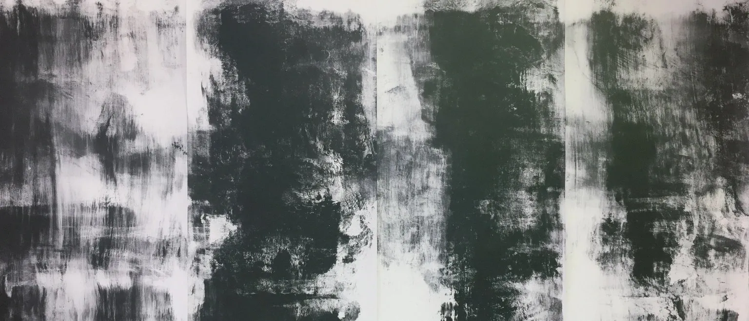Black ink strokes sweeping diagonally across a pale ground, a small dark spatter at the upper left.