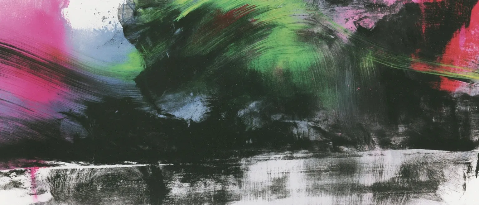 Dense black strokes at the left dissolving into pale grey scoring on the right, a faint pink edge.