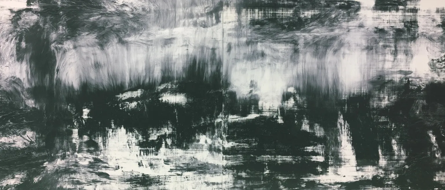 A swirling dark mass at the upper left over pale ground, a vertical seam splitting the field.