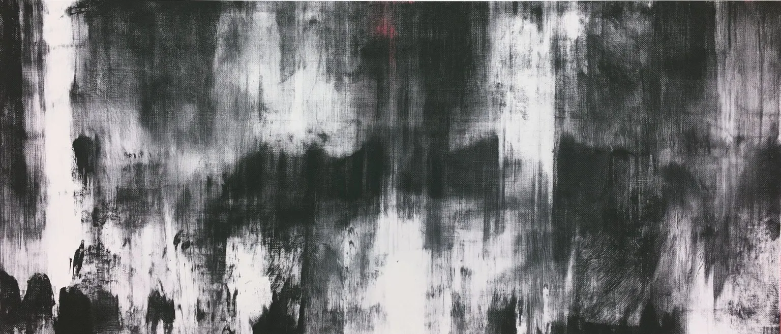 Dense grey cross-hatched brushwork breaking to white in vertical bands, a small red fleck near the top centre.
