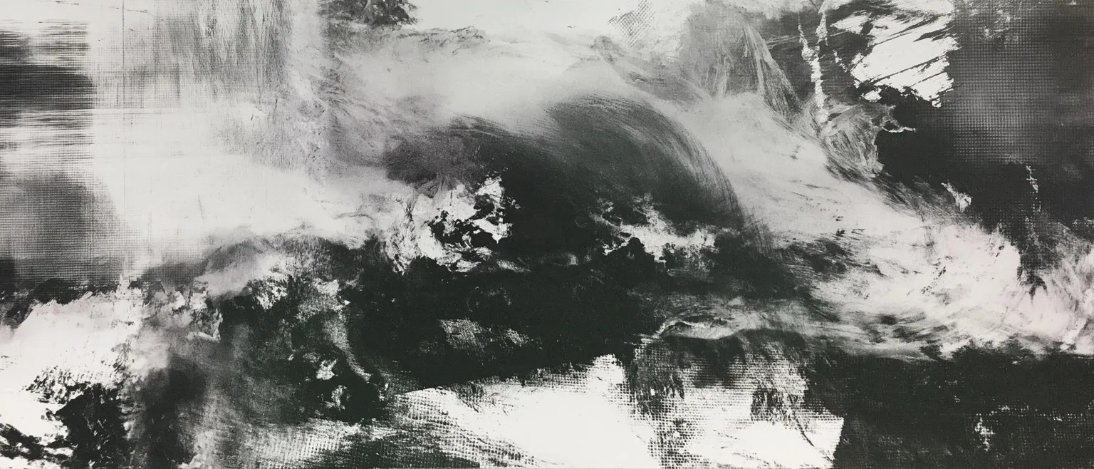A pale wave-shaped cloud of ink rising through grey brushwork, dark mass gathering at the lower left.