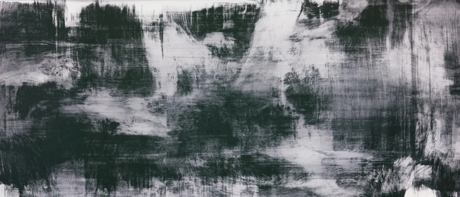 Dense grey and black brushwork worked in vertical panels, pale gaps breaking through at the centre.