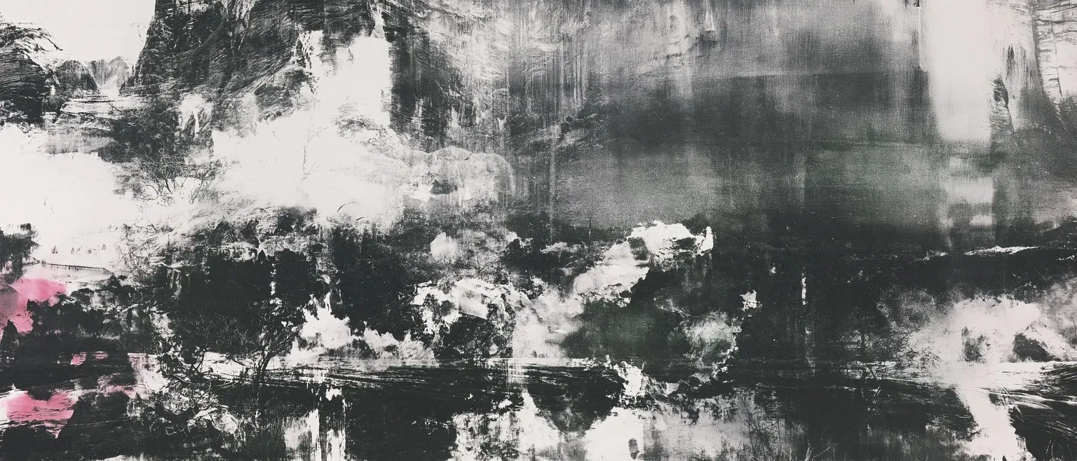 A dark rocky mass at the upper left dissolving into pale mist, black ink pooling below with a magenta fleck at the left edge.