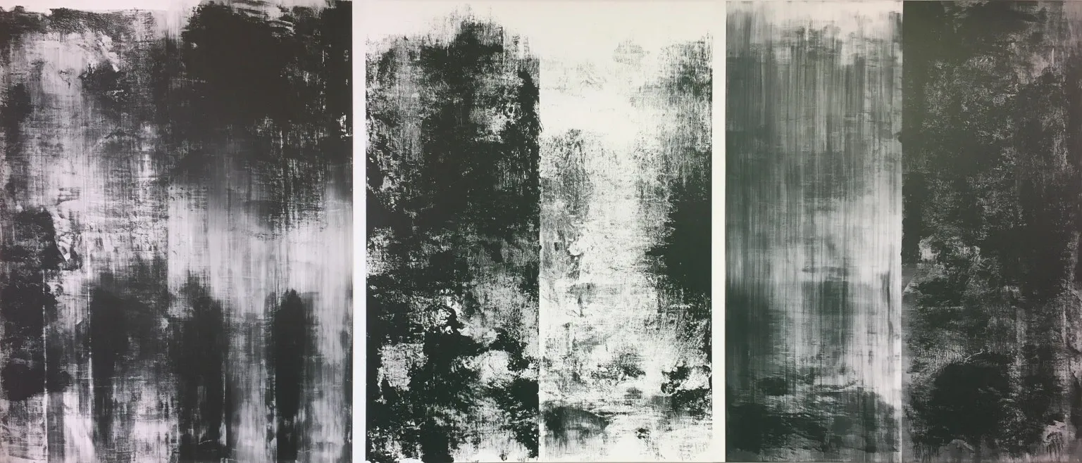 Five vertical panels of grey ink, alternating dark and pale, dry-brush texture throughout.