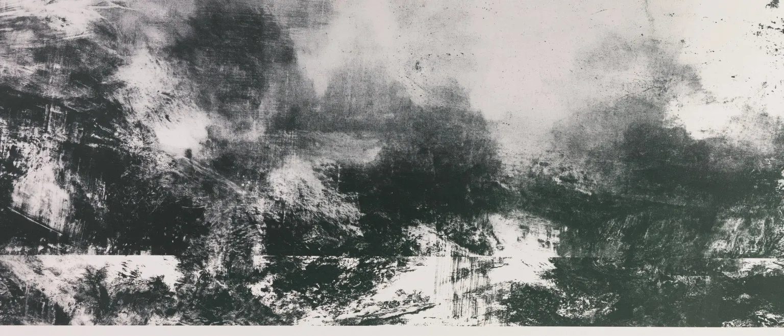 Dark clouded brushwork massing at the centre, pale gaps opening at the upper right.