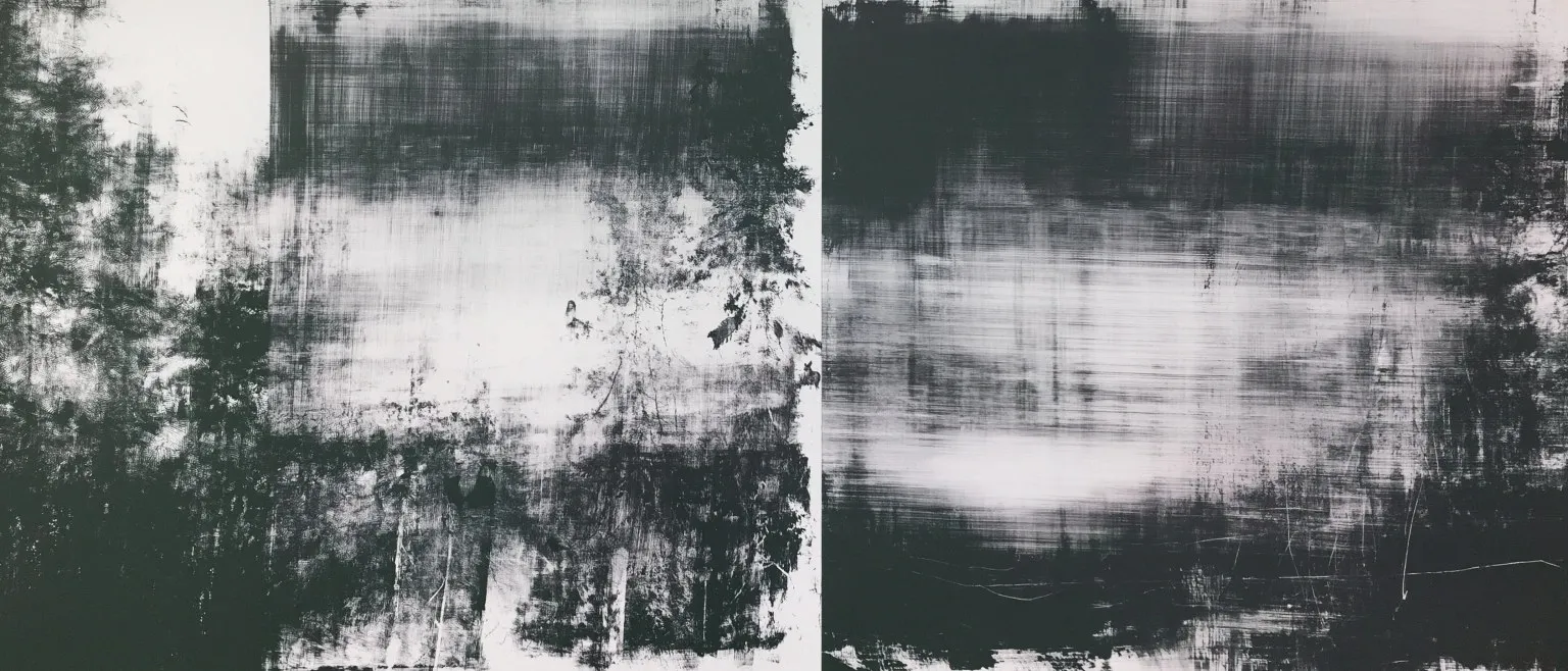 Two panels of grey ink, dark trees at the left edge giving way to a pale horizontal band.