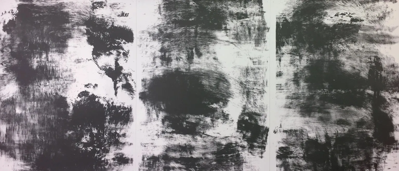 Three panels of dark ink blooms over pale ground, a dense mass rising at the left of the first panel.