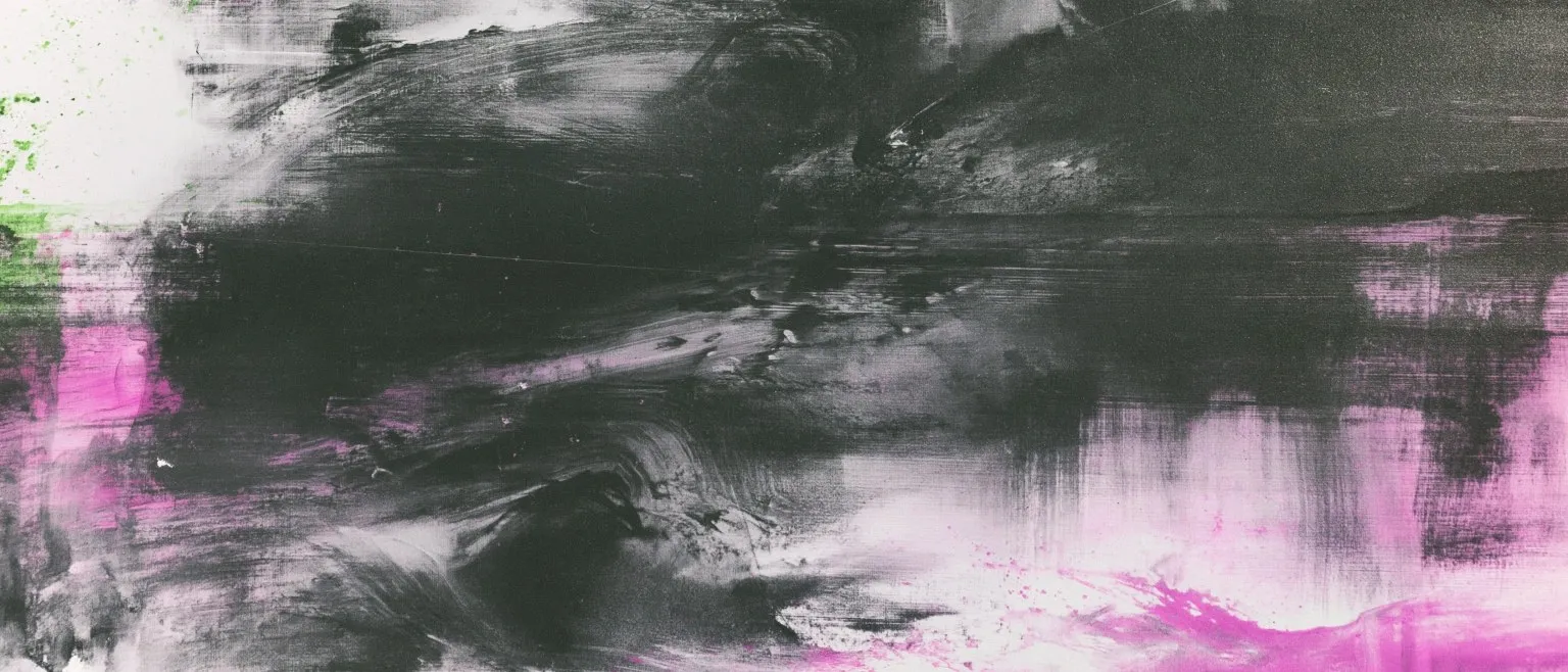 Dark ink massing across the centre, magenta bleeding in along the lower and right edges, a green fleck at the upper left.