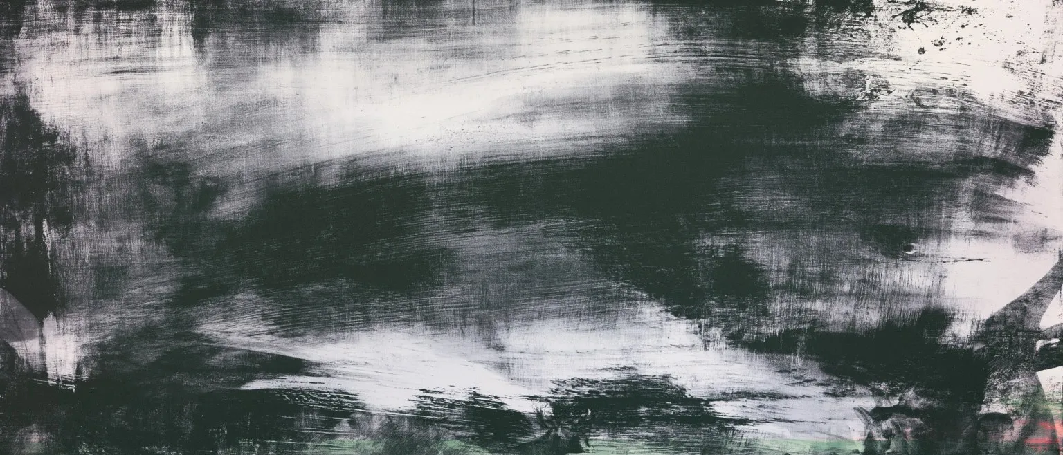 A broad pale band cutting across dark green-black brushwork, ink pooling thick along the lower edge.