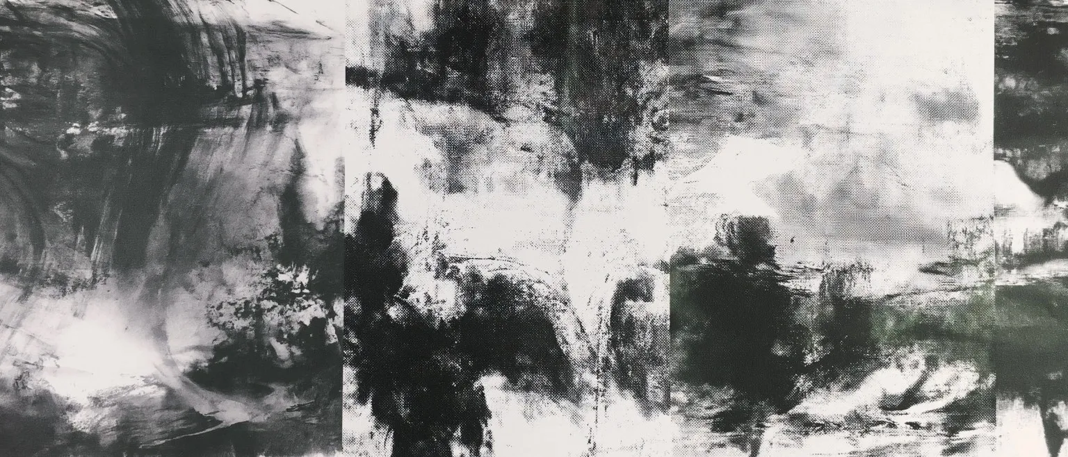 Three vertical panels of dense grey cross-hatching, dark trees emerging at the lower right.