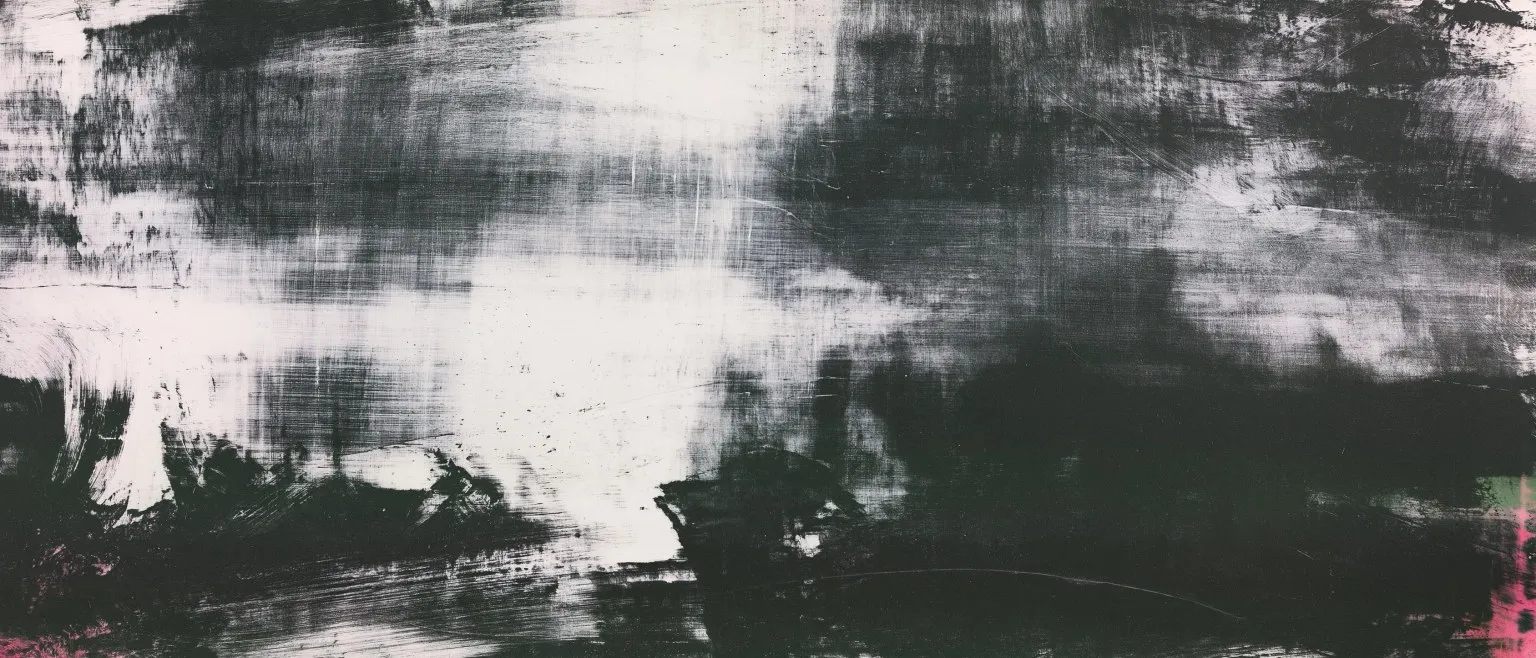 A broad pale sweep cutting through dark strokes, a green fleck at the lower edge.