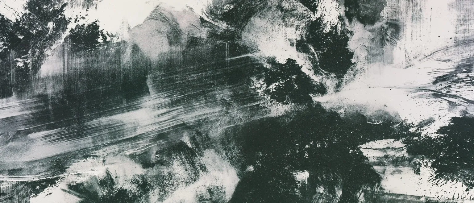 Dark trees and foliage in ink massing at the right, a pale diagonal sweep cutting through grey ground.
