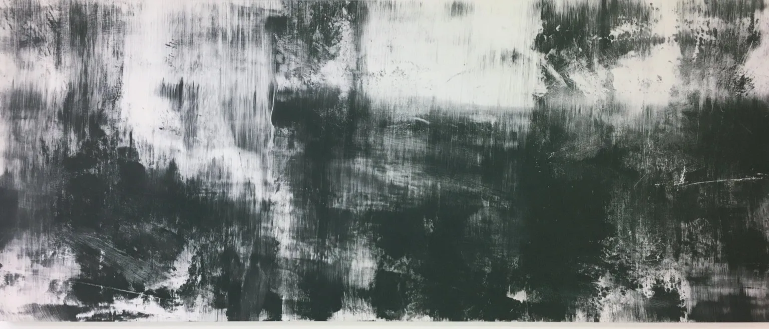 Dark cross-hatched brushwork thinning to a pale vertical channel left of centre, dense mass gathering at the lower right.