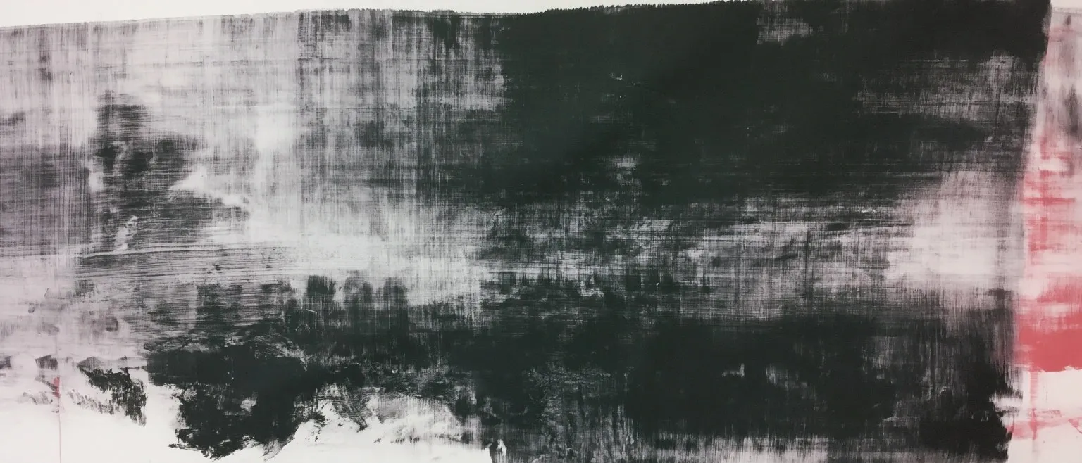 A dark mass at the upper right over pale scored ground, black brushwork gathering along the lower edge, a red fleck at the right.