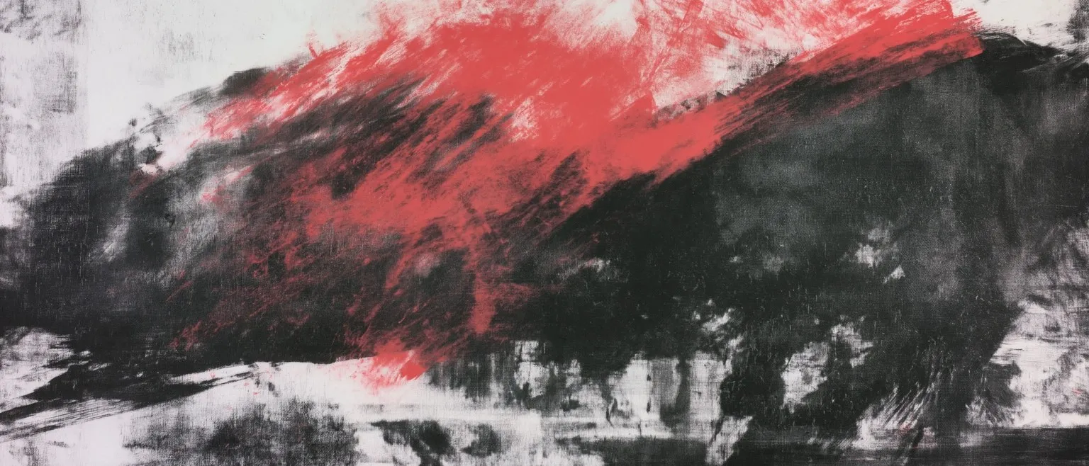A red diagonal sweep cutting across dark ink brushwork, pale ground breaking through at the upper left.