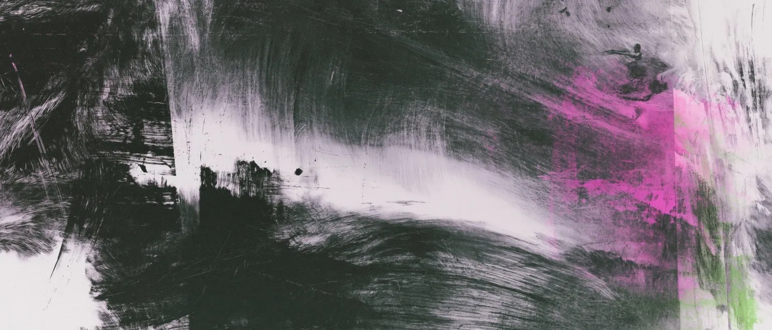 Dark grey brushwork opening to a magenta and green bloom at the right edge, a pale gap cutting diagonally through the centre.