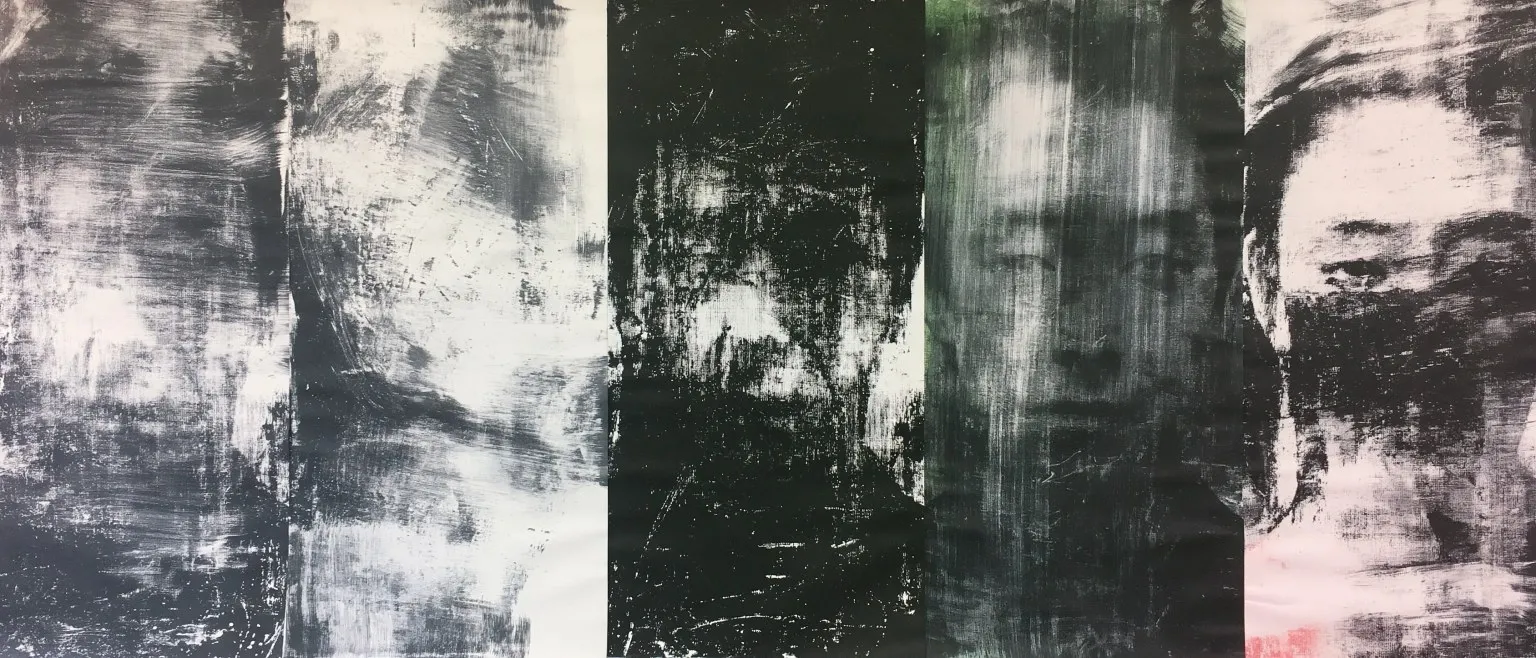 Five vertical panels shifting from dark ink to pale washed ground, a faint face emerging in the fourth and fifth panels.