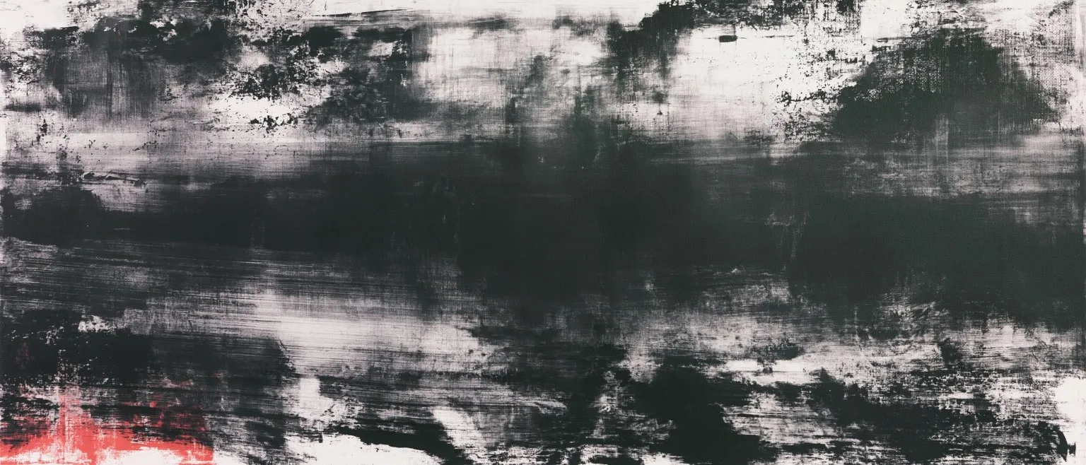 Dark grey brushwork thinning to a pale band across the centre, a small red fleck at the lower left.