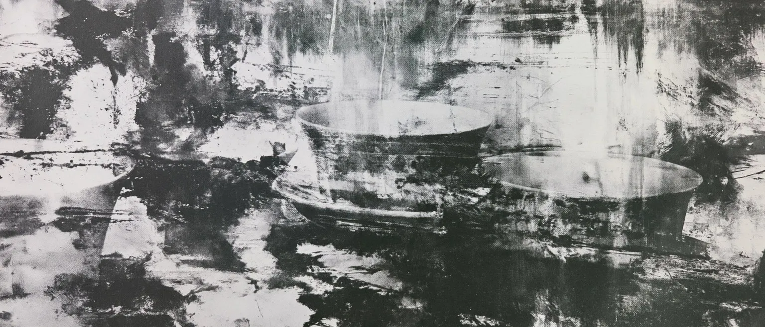 Two pale vessel-like shapes emerging from dark scored ink, dry-brush texture throughout.