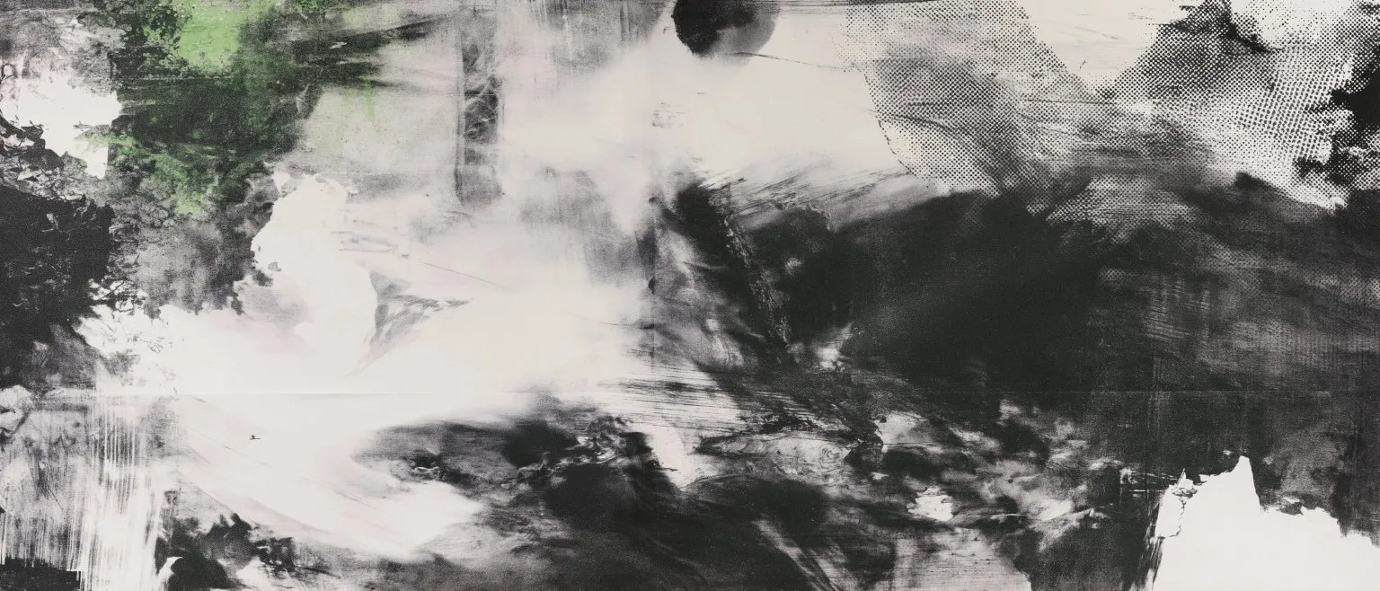 Dark ink massing at the lower right with a green fleck at the upper left, pale ground breaking through at the centre.