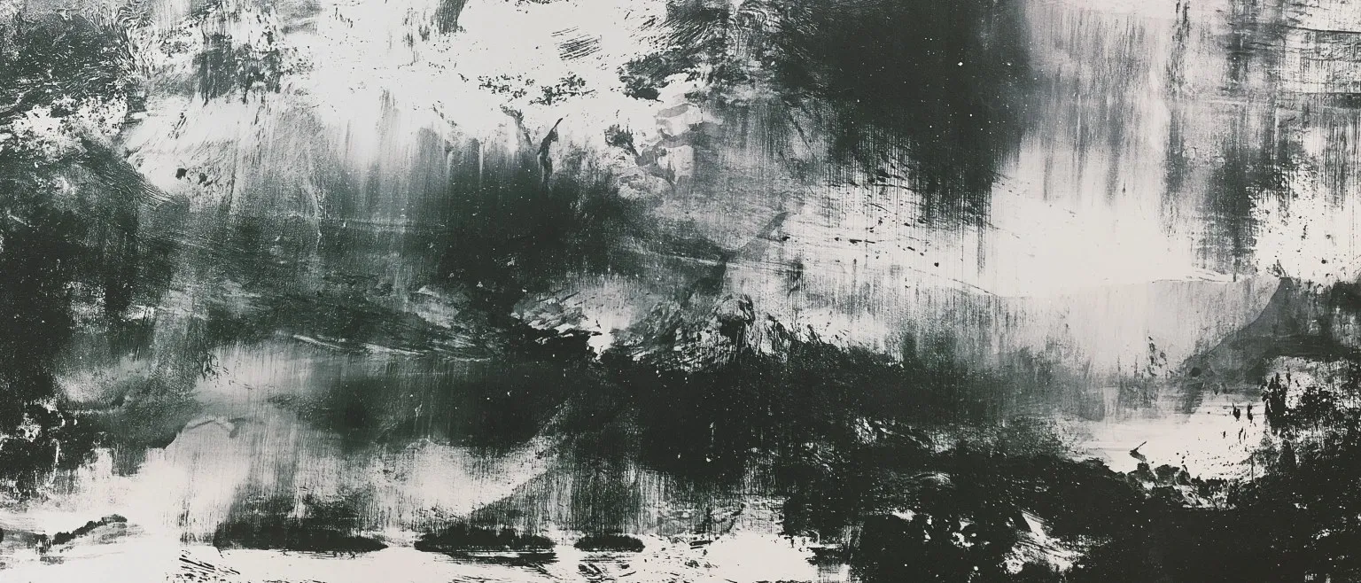 Dark grey brushwork opening to a pale diagonal channel, dense mass gathering at both the upper right and lower left.