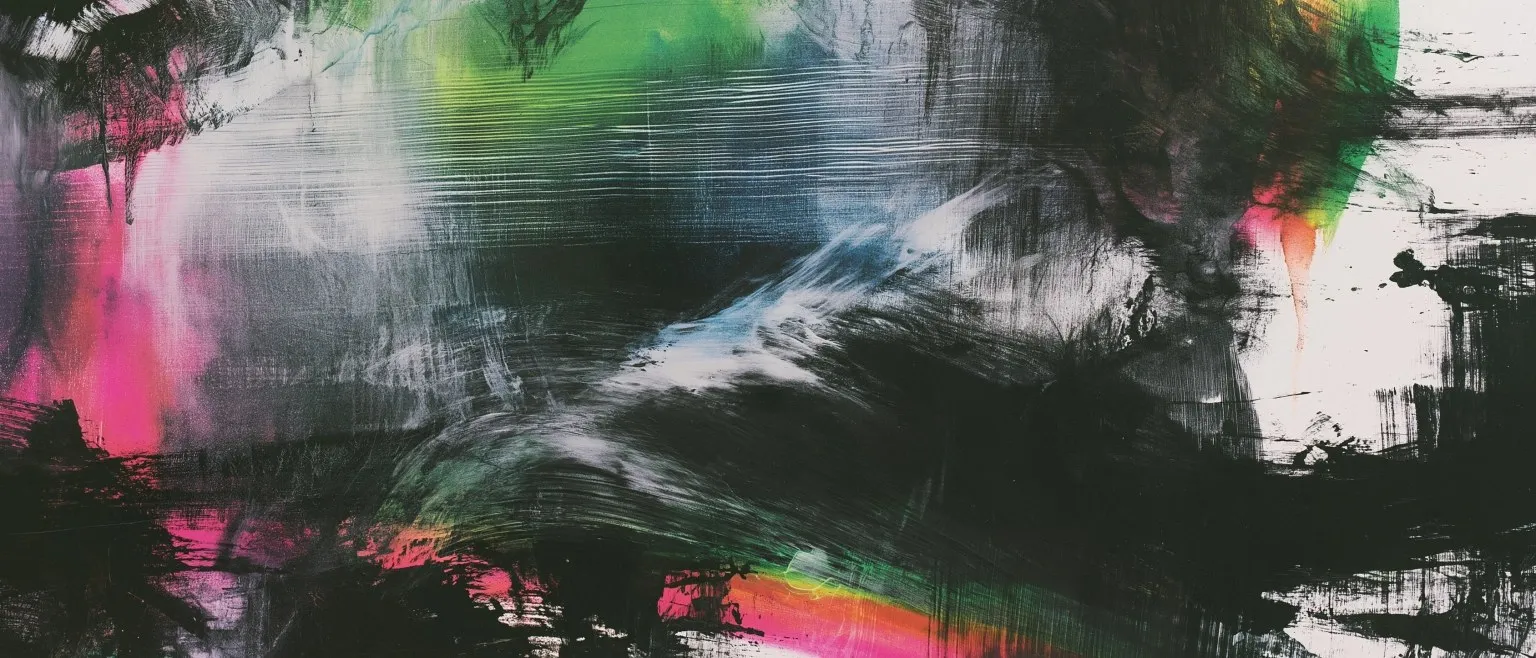 Pink, green and blue bleeding through dark scored ink, a broad pale diagonal sweep cutting across the centre.