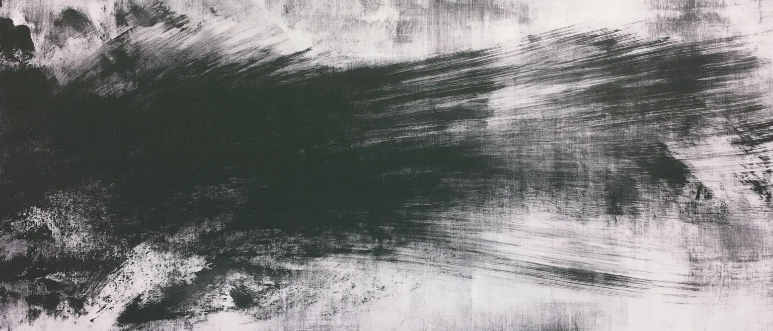 A dark diagonal sweep of ink thinning to pale ground at the right, dry-brush texture throughout.