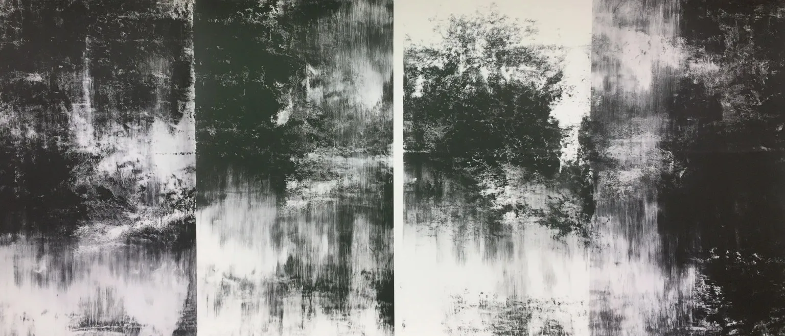 Four vertical panels of ink, trees and their reflections emerging in the third panel against a pale field.
