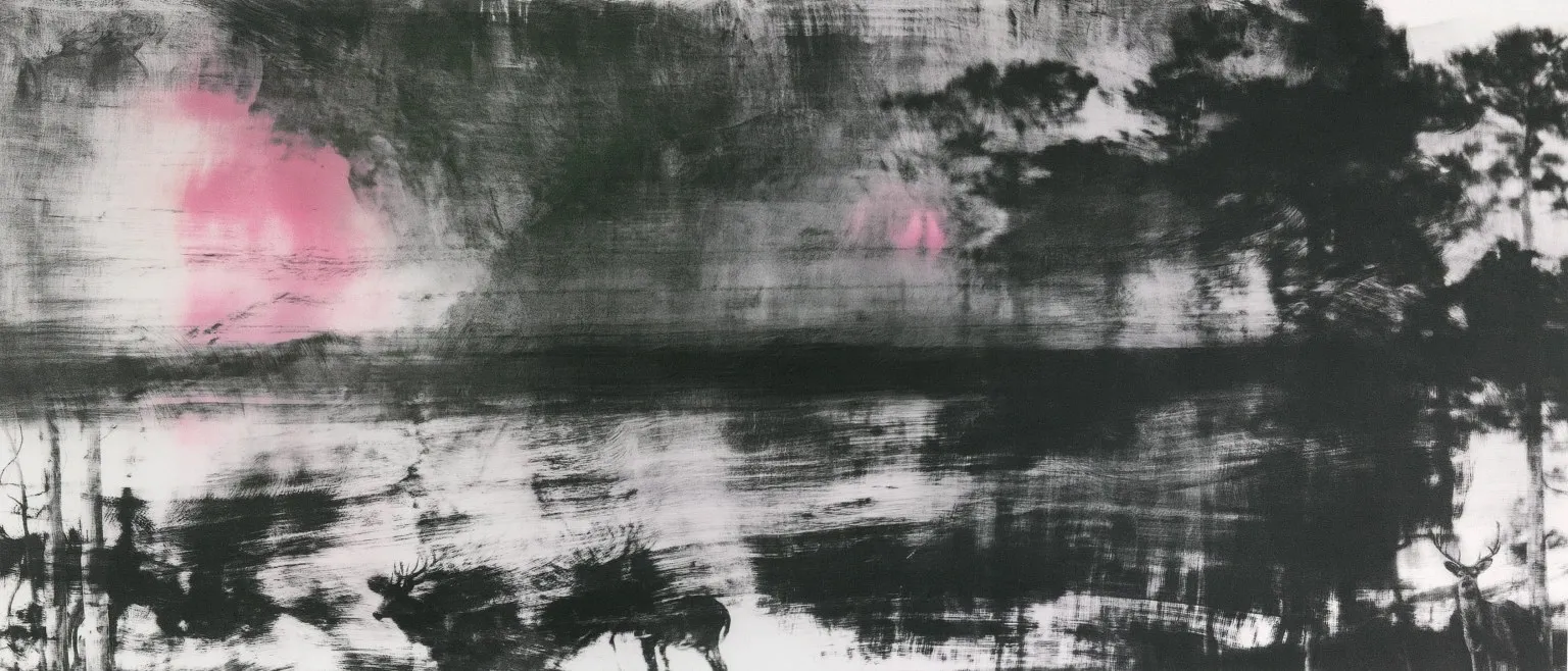 A dark treeline reflected over water, stags in silhouette at the waterline, pink blooms breaking through the grey sky.