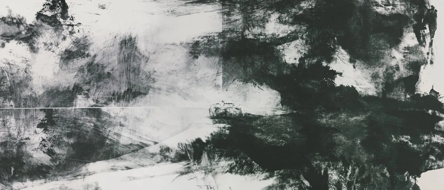 Dense grey brushwork opening to a pale band across the centre, dark trees massing at the right.