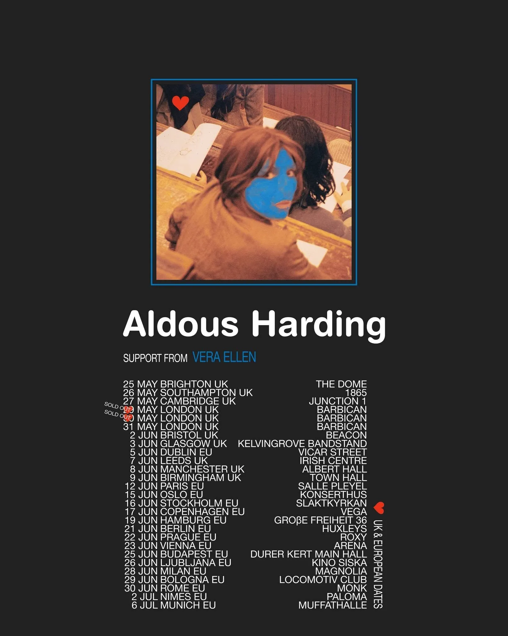 Tour poster for Aldous Harding’s UK and European dates, support from Vera Ellen.