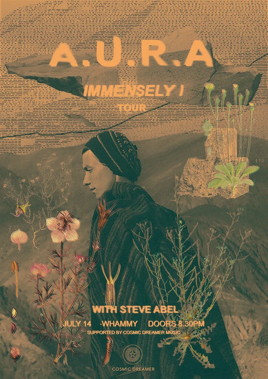 Tour poster for A.U.R.A’s Immensely I tour, with Steve Abel, at Whammy.