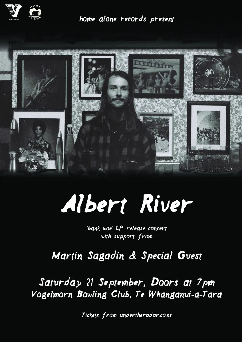 Tour poster for the bank woe LP release concert at Vogelmorn Bowling Club, with a photo of Albert River.