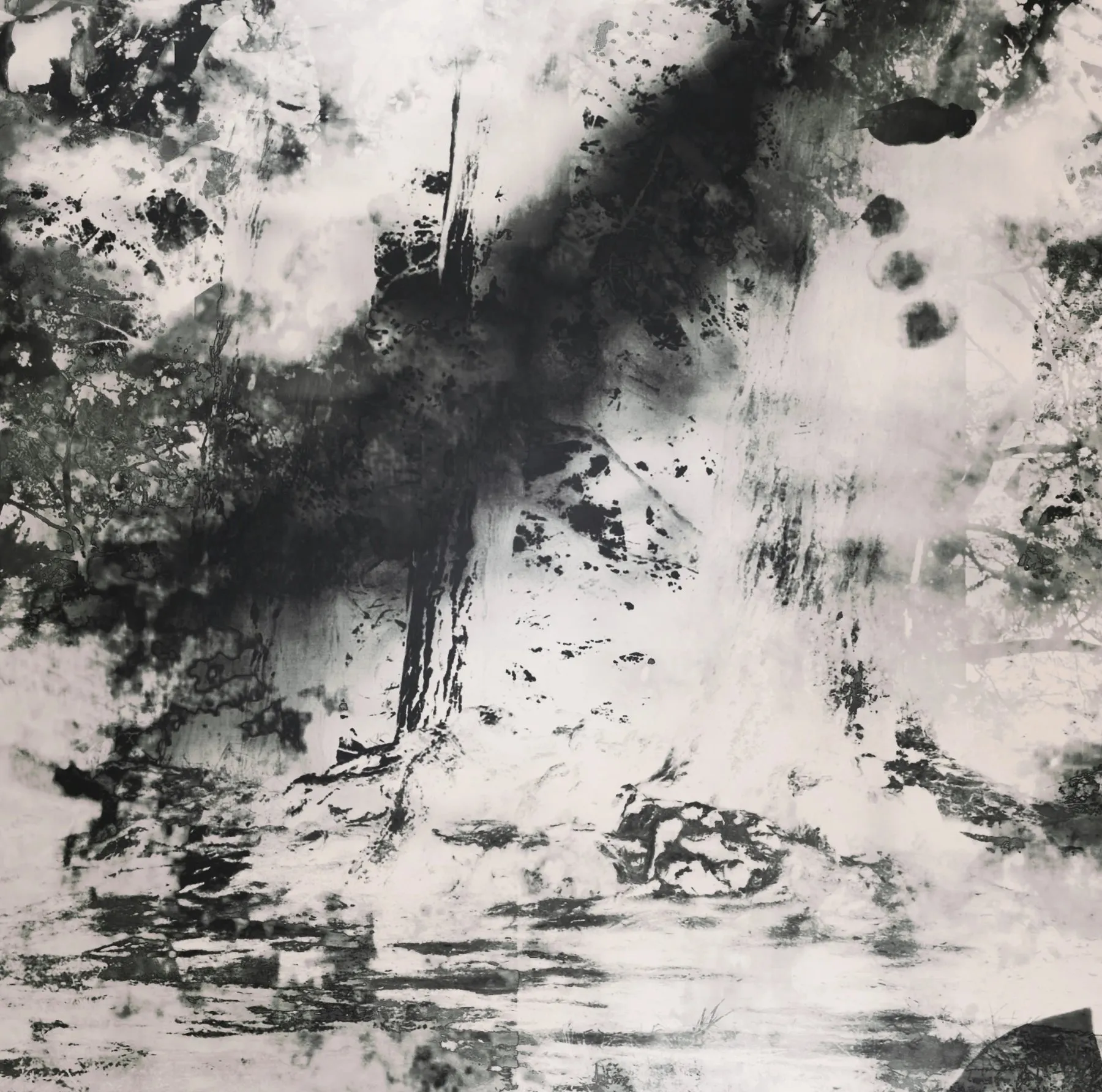An ink wash in black and grey — dark strokes bleeding down a pale field, like trees over water.