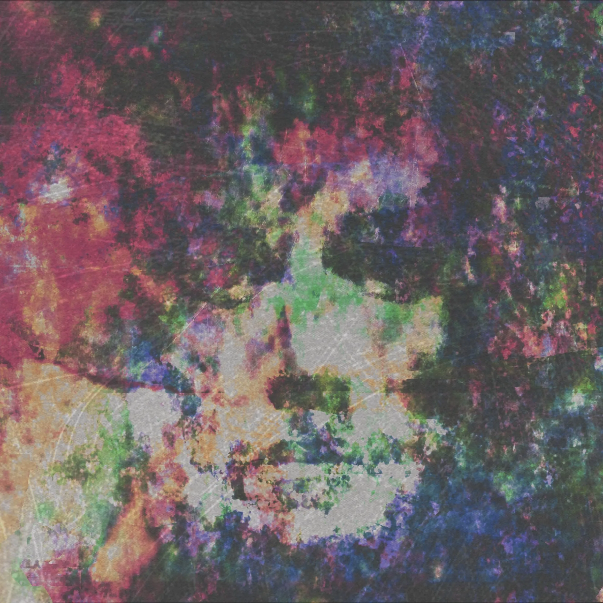 A psychedelic double-exposure of a face, dense with red, green and violet static.