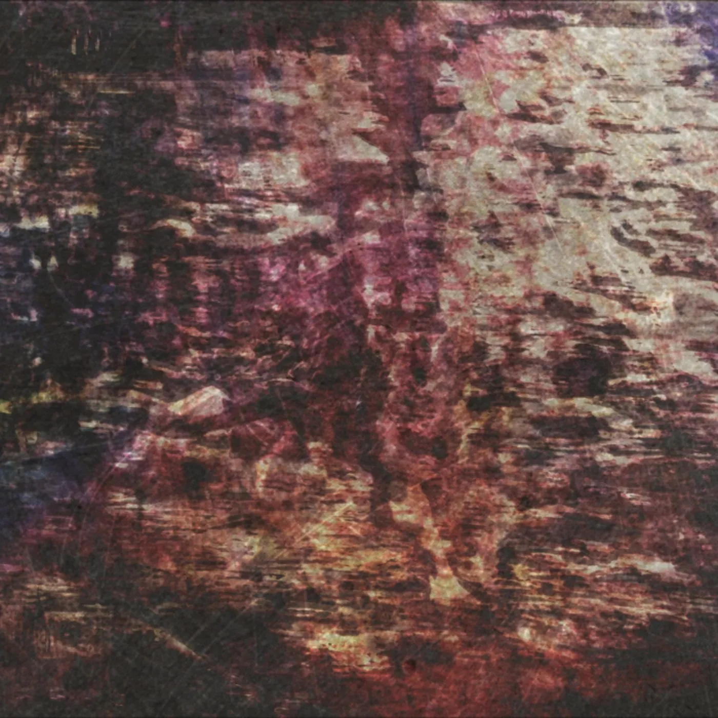A dark red and violet abstract texture, scratched and streaked like weathered bark.