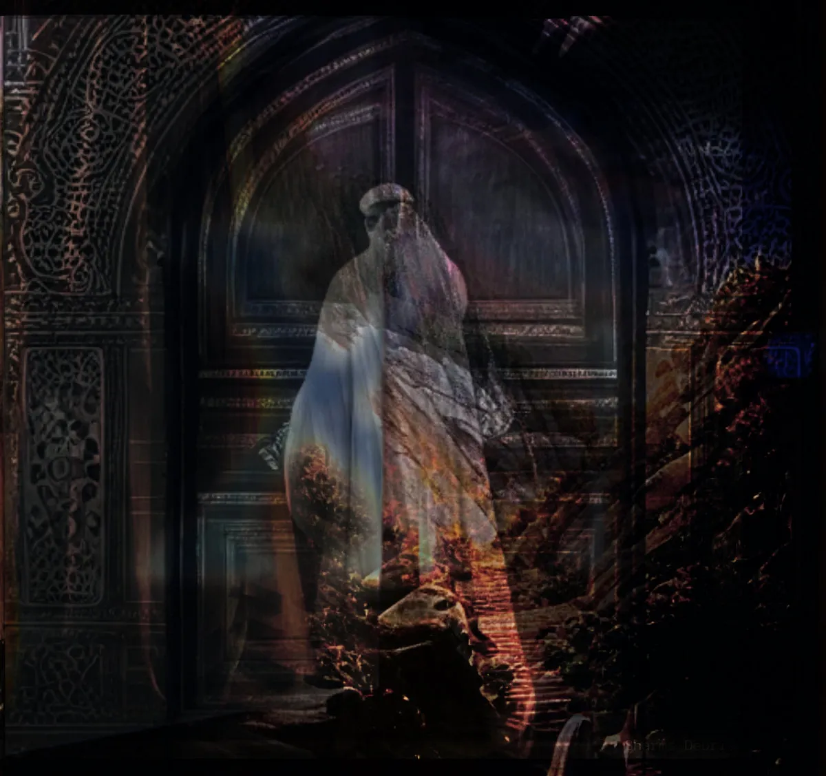A robed figure standing in an ornate arched doorway, double-exposed with a lit stone path and foliage.